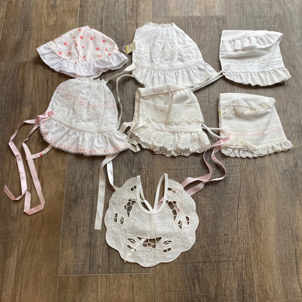 Vintage Baby Bonnet and Lace Bib Lot 7pc White Eyelet Floral Christening Ruffles